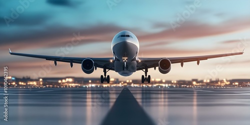 A front view of a large passenger airplane on a runway during sunset, with runway lights and a city skyline in the background. Concept Airplane at Sunset, Runway Lights, City Skyline