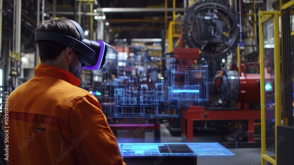 A worker in VR gear interacts with digital data in an industrial setting. A worker in VR gear interacts with digital data in an industrial setting.