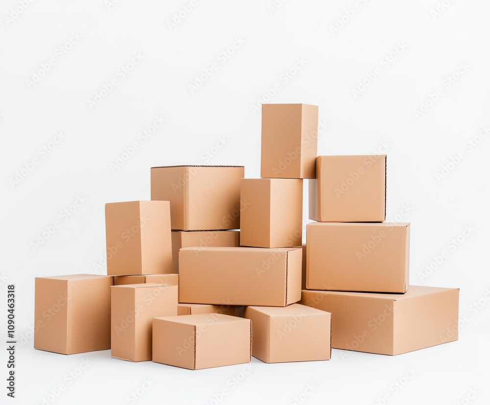 Obraz premium A stack of brown cardboard boxes against a plain white background, illustrating concepts of storage, packaging, and logistics in a business setting.