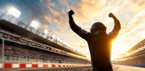 Obraz na płótnie A triumphant race car driver celebrates victory on the track at sunset, arms raised in elation, capturing the essence of success and achievement in the thrilling world of motorspor w salonie