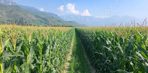 A vast cornfield stretches toward picturesque mountains under a clear blue sky. Rows of corn plants create a stunning perspective, blending agriculture and nature. photo