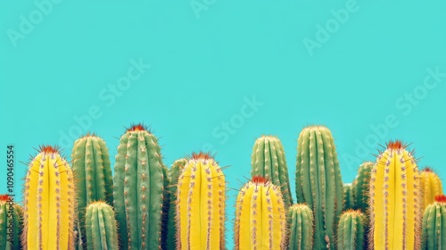 Vibrant Cacti Collection on Bright Turquoise Background Showcasing Green and Yellow Colors in a Lively Desert Aesthetic Perfect for Modern Decor and Wellness Themes photo