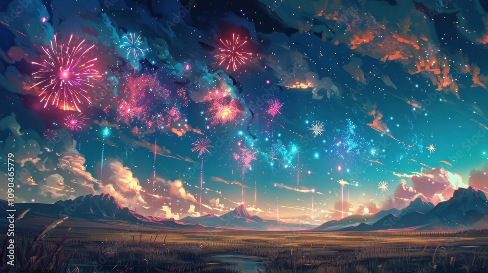 Fototapeta premium A vibrant display of fireworks explodes over a vast, star-studded sky, creating a magical and celebratory atmosphere over a mountain range.