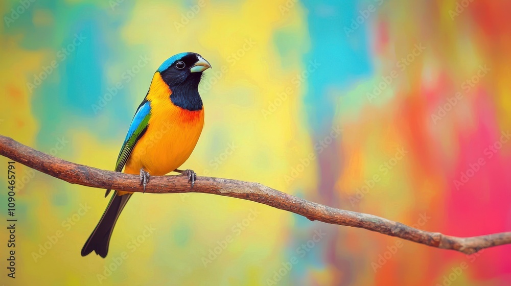 Fototapeta premium Playful Bird Perched on Colorful Branch