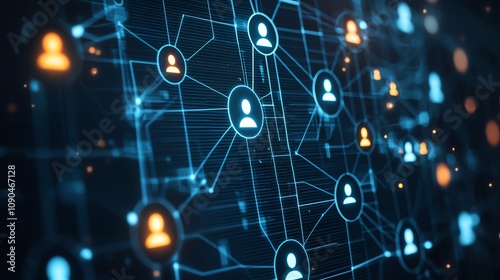 Abstract digital network connection with glowing human icons and lines, representing modern communication and technology in a digital age, perfect for tech-related projects.