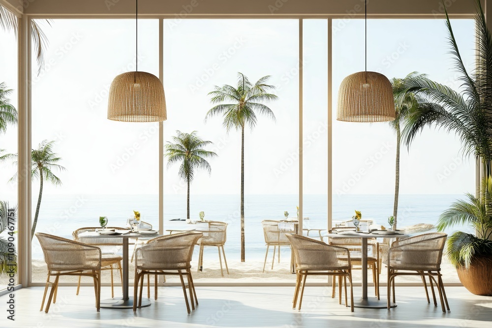 Fototapeta premium Ocean view cafe with wicker chairs and lamps.