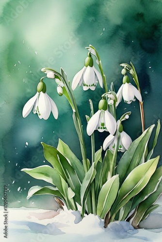 Snowdrops blooming in snowy winter landscape with a soft blurred green and blue background.