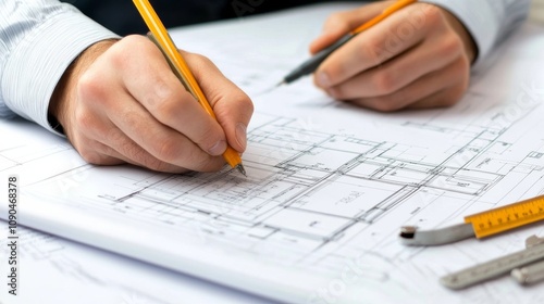 An architectural draftsman sketching building plans on a construction site, with blueprints and measuring tools spread out on a drafting table, Architectural drafting scene
