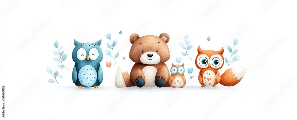 Naklejka premium Adorable cartoon animals in pastel colors featuring a blue owl, brown bear, tiny owl, and orange fox against a white background. Ideal for children's designs and playful artwork.