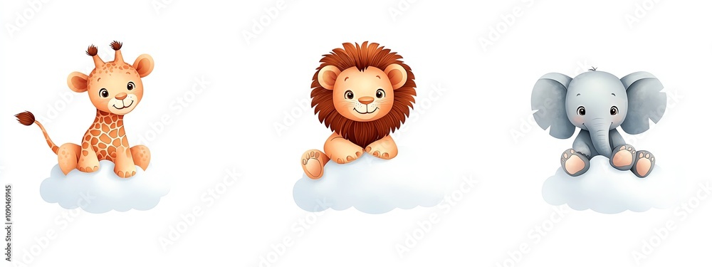 Obraz premium Adorable cartoon animals including a giraffe, lion, and elephant sitting on fluffy clouds. Perfect for children's themes and nursery designs.