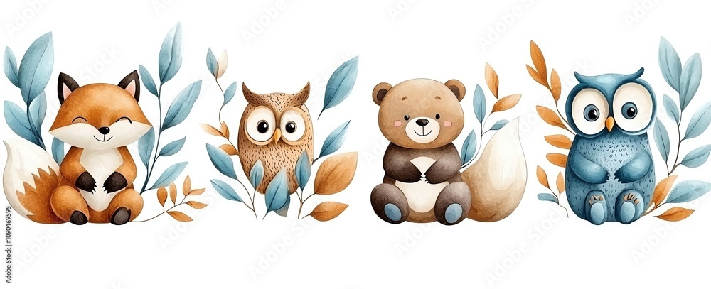 Naklejka premium Adorable woodland animals illustration featuring a fox, owl, bear, and another owl amidst leaves, in a whimsical and playful design