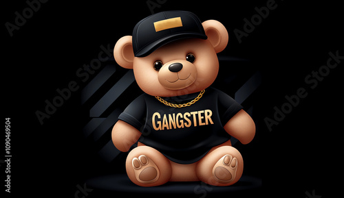 Adorable teddy bear sporting a cap and T-shirt with 'Gangster' print, combining cuteness with street style. A playful representation of mixed themes in a charming design. photo