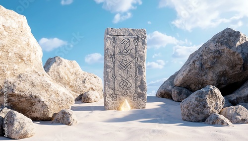 Ancient stone monolith with intricate carvings, surrounded by rocks in a desert landscape under a bright blue sky with fluffy clouds. photo