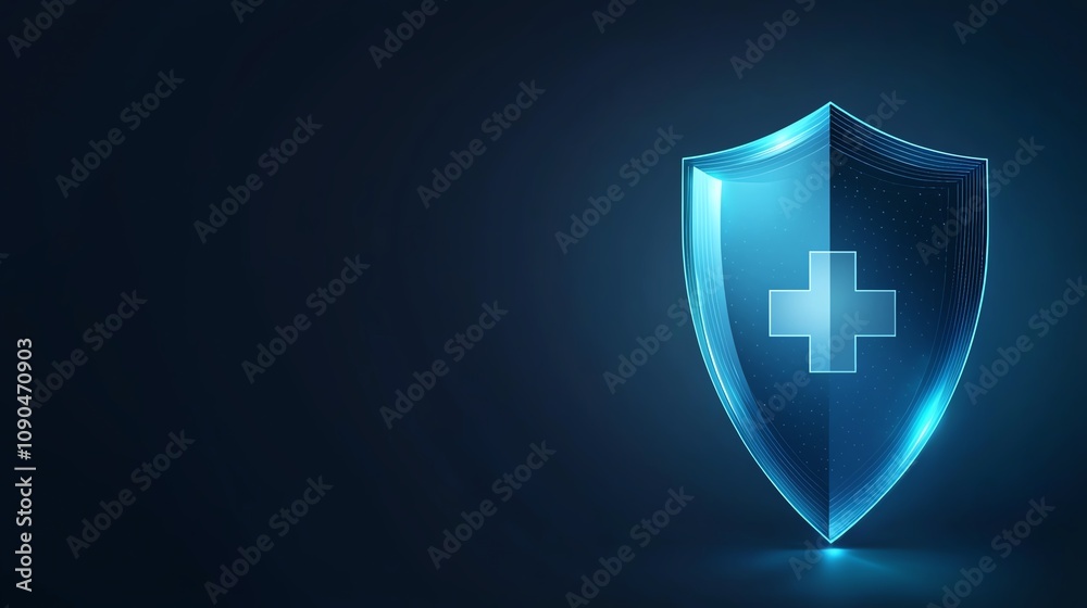 Obraz premium Blue digital shield with a medical cross symbol, representing healthcare protection