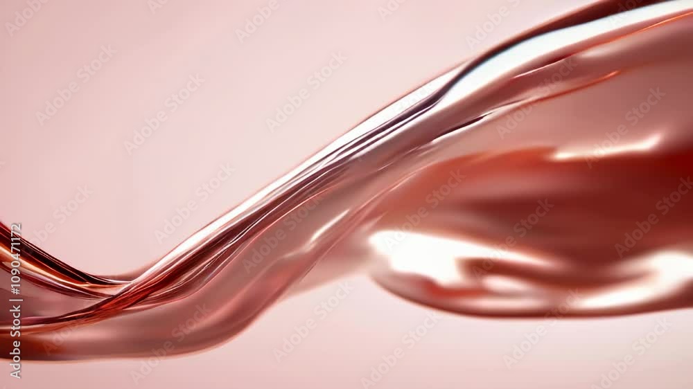 A close-up of a smooth, rose gold liquid wave with floating droplets, creating an elegant and luxurious abstract effect.