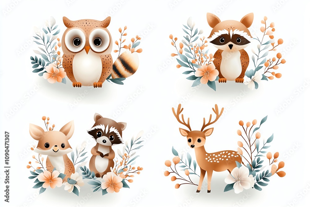 Naklejka premium Charming illustration of woodland creatures including an owl, raccoon, fox, and deer, surrounded by delicate floral elements, perfect for nature-themed designs or nursery decor.