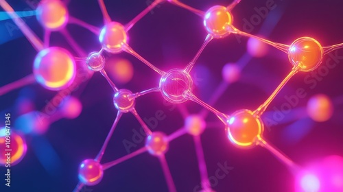 3D rendering of molecules with glowing connections, vibrant neon tones, modern scientific illustration