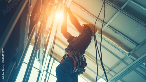 An electrician installing cables and conduits in a newly framed building structure, Electrical installation scene, Technical and hands-on style photo