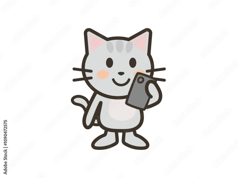 Fototapeta premium スマホを見るかわいいねこちゃんのイラスト
