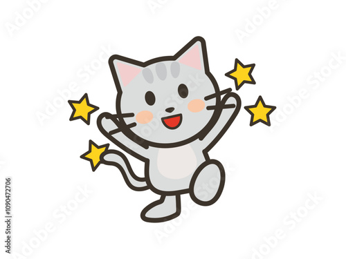 嬉しそうなかわいいねこちゃんと星のイラスト
