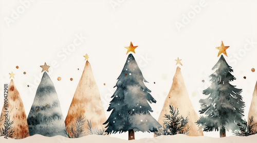Watercolor winter forest scene with alternating beige and gray Christmas trees topped with golden stars, creating a minimalist festive landscape against white background.