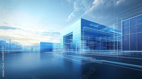 Specialized warehouse designs. Futuristic architectural design of high security warehouse with digital overlays, showcasing innovation and technology in modern industrial setting