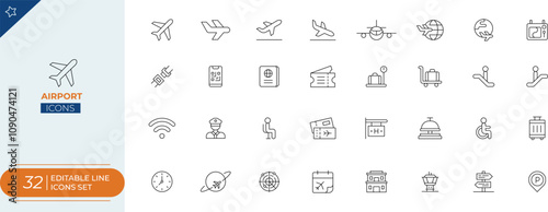 Airport Editable Stroke Line Icons" set features a collection of minimalist, scalable icons representing various airport-related concepts.