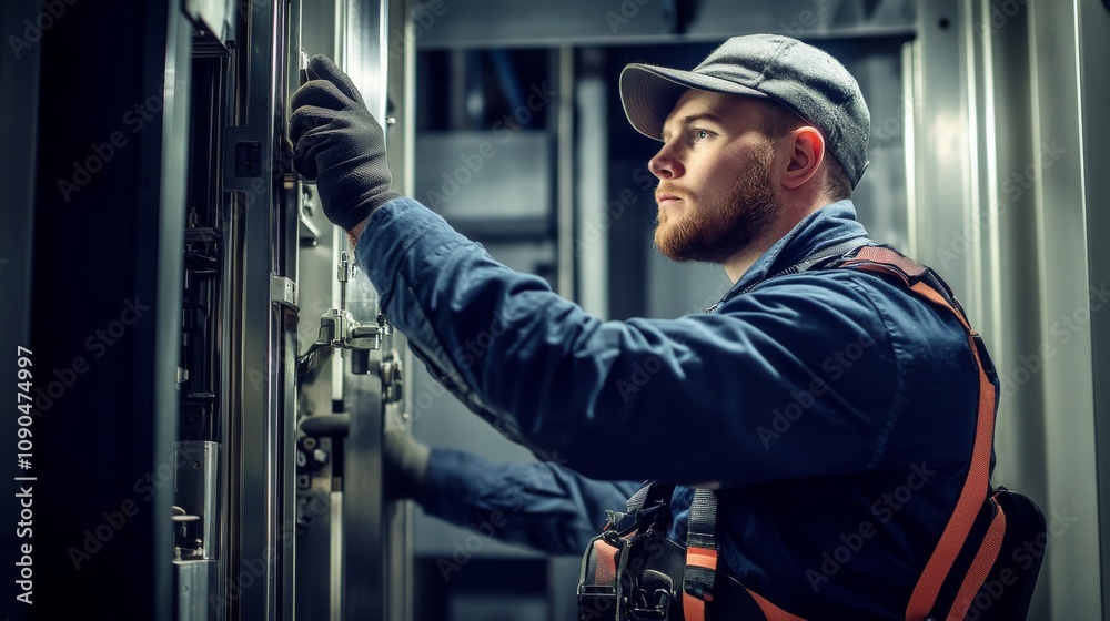 An elevator technician in a work uniform and harness, inspecting and adjusting components inside an elevator shaft, Elevator maintenance scene