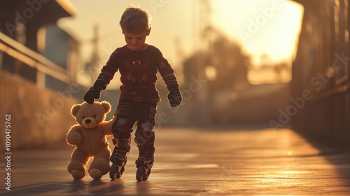 The young boy rollerblades with a teddy bear in his hand, adding a touch of cuddly fun to his activity