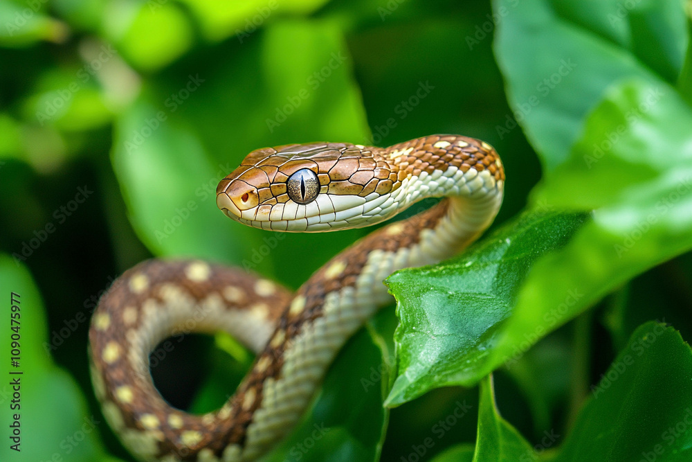 Obraz premium 緑の葉にとまるヘビ Generative AI
