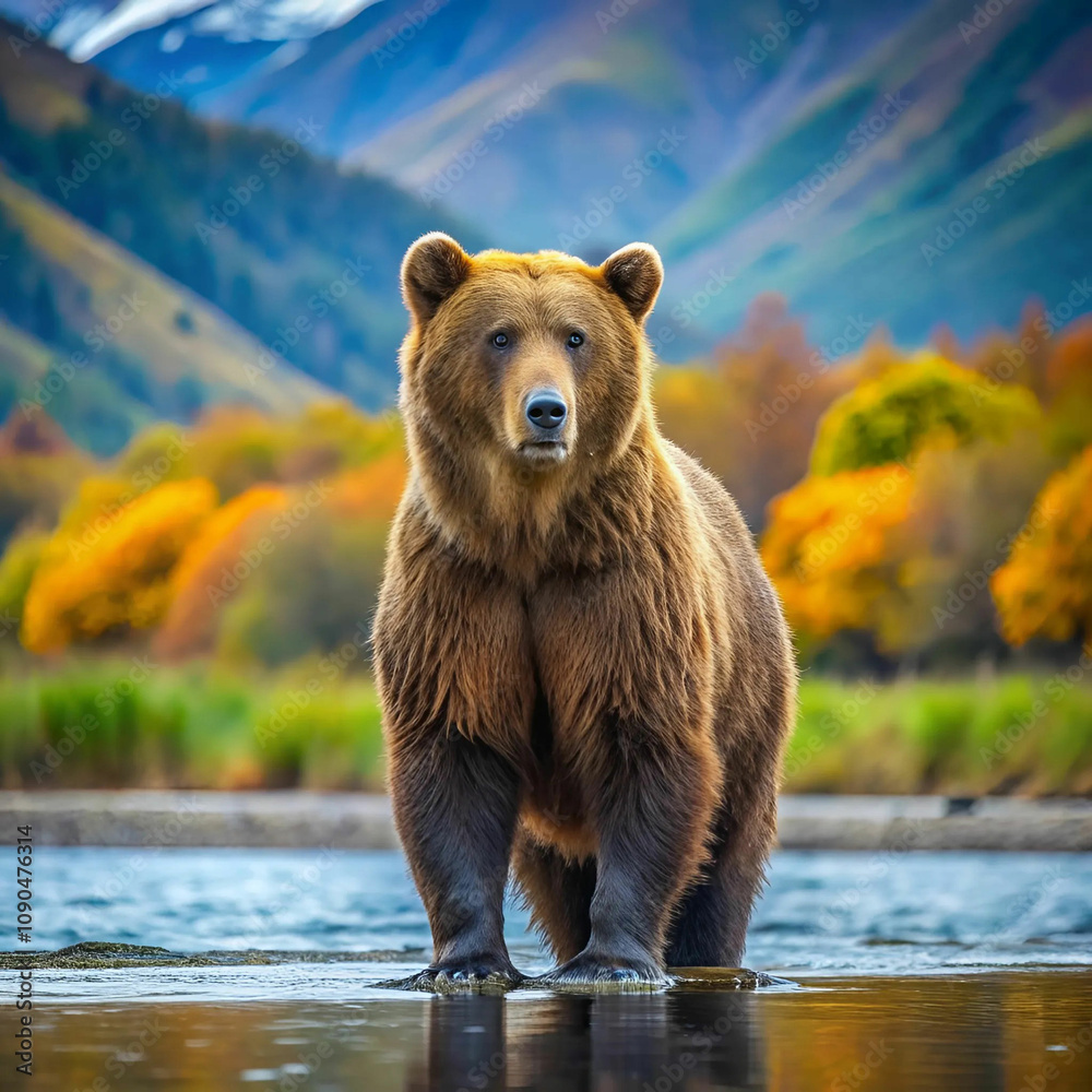 Obraz premium A majestic brown bear standing amidst the breathtaking Alaskan