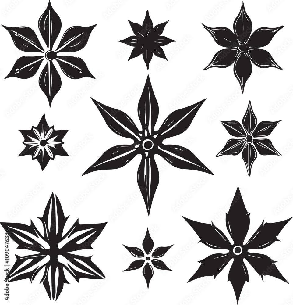 Fototapeta premium Black and White Anise Silhouette Vector Illustrations