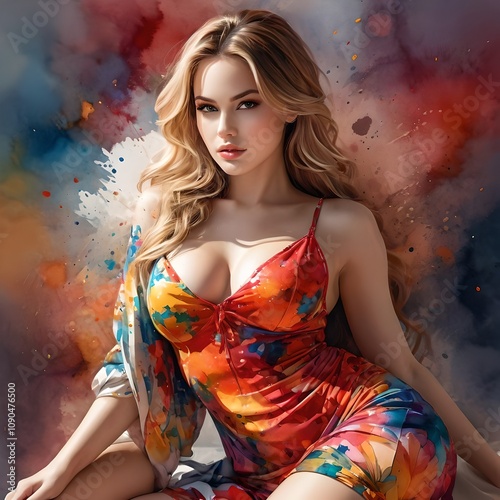 a woman in a colorful dress is sitting on a bench