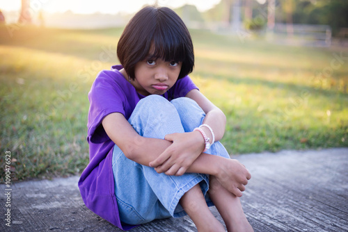 A sad little girl sitting alone outside photo