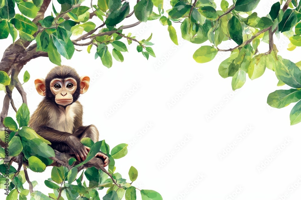 Obraz premium Monkey sits on a branch with green leaves.