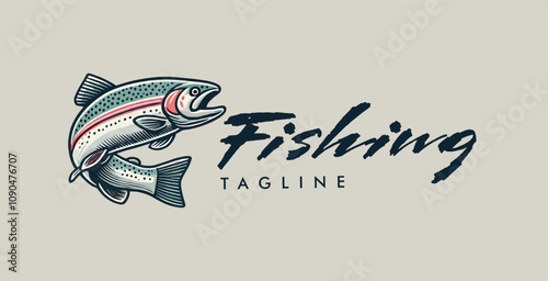 rainbow trout fish fishing hand drawn  logo design template for angler 