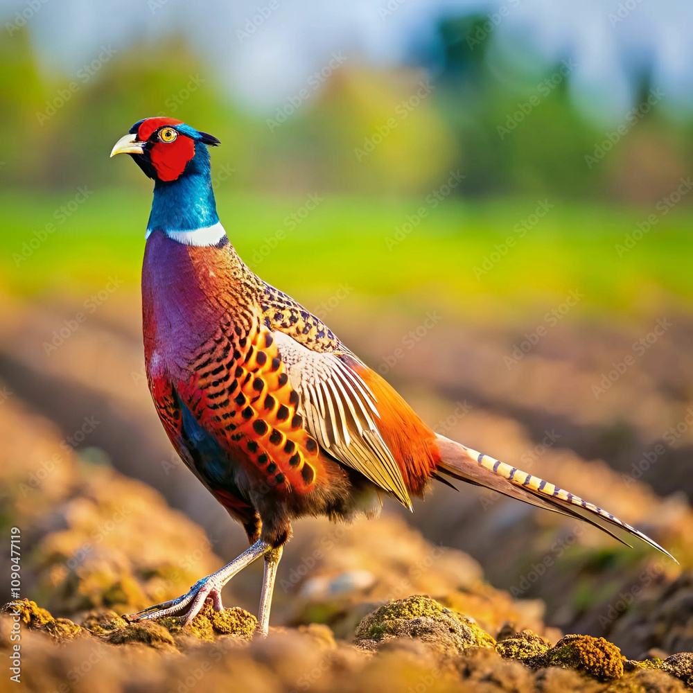 Fototapeta premium A vibrant common pheasant walking gracefully across an agricultural field
