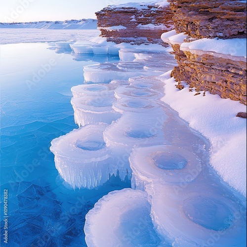 A stunning glazed frozen lake scene featuring a crystalline blue expanse dotted with pristine ice formations and gently snow-covered banks. The focus is on reflecting light glimmering off the smooth photo