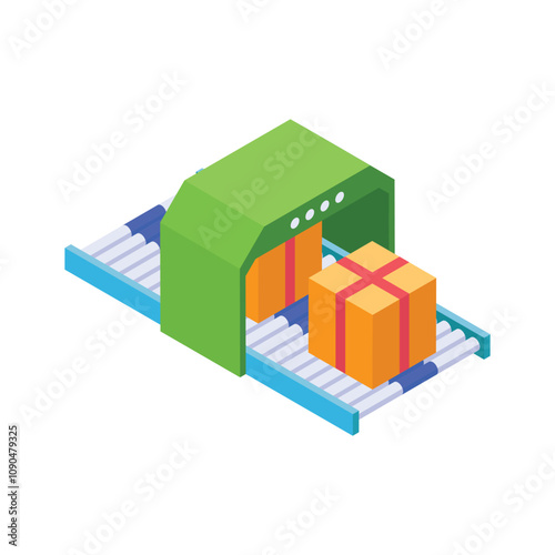 Transportation of products via manufacturing belt, isometric icon