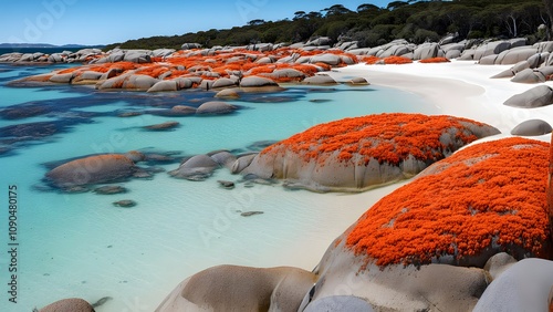 The bay of fires in tasmania orange lichen covered rocks against turquoise waters and sandy beaches, Ai Generated