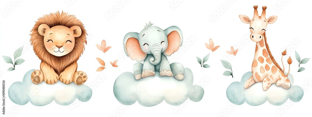 Naklejka premium Cute cartoon animals including a lion, elephant, and giraffe sitting on fluffy clouds, surrounded by butterflies and leaves in a whimsical watercolor style.