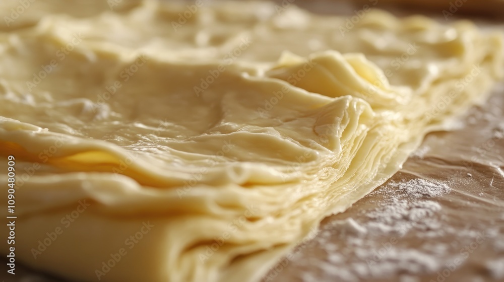 Detailed close-up of layered buttery puff pastry, showcasing its rich texture ready for crafting decadent chocolate-filled croissants. Detailed close-up of layered buttery puff pastry, showcasing its rich texture ready for crafting decadent chocolate-filled croissants.