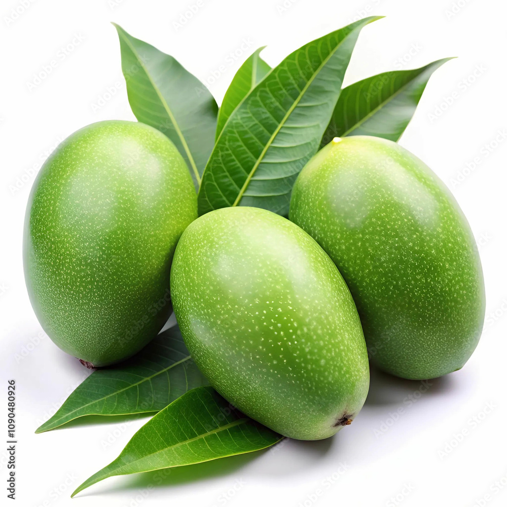 Obraz premium Fresh green mangoes arranged neatly on vibrant mango leaves