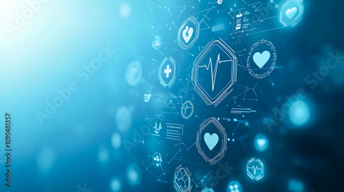 Digital healthcare interface with blue technology icons representing medical data, heart health, and digital communication in a futuristic design background. photo