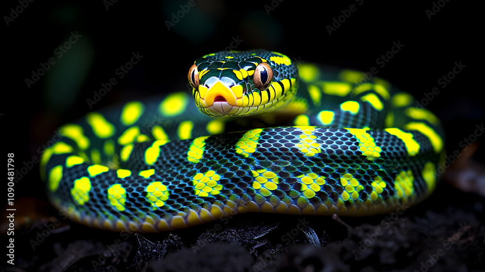 Fototapeta premium Vibrant Green and Yellow Snake Coiled on Dark Soil, Close-Up View, Detailed Reptile Scales, Nocturnal Wildlife Photography