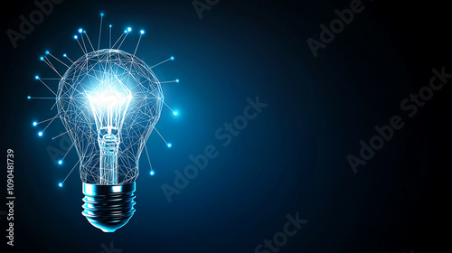 Digital representation of innovation concept with glowing light bulb on dark background. Symbolizes creativity, technology, and bright ideas in a modern context. photo