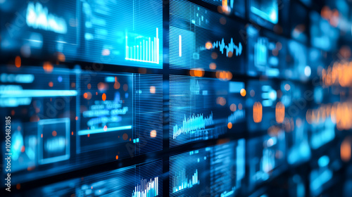 Wallpaper Mural Dynamic digital display wall showcasing graphs and data analytics in blue tones, symbolizing modern technology, information flow, and innovation in data science. Torontodigital.ca