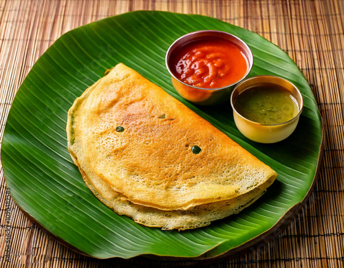 Delicious south indian dosa with chatni and sambar served on a banana leaf 