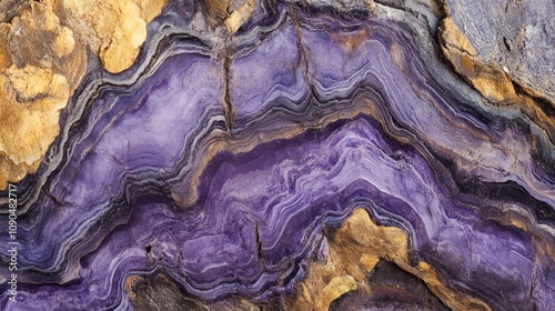 Wallpaper Mural Close-up macro view of charoite mineral showcasing its vibrant purple hues and intricate patterns against a backdrop of golden tones and organic textures. Torontodigital.ca