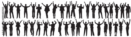 business success people raising hands silhouettes.